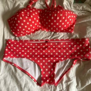 Coral and white polkadot bikini